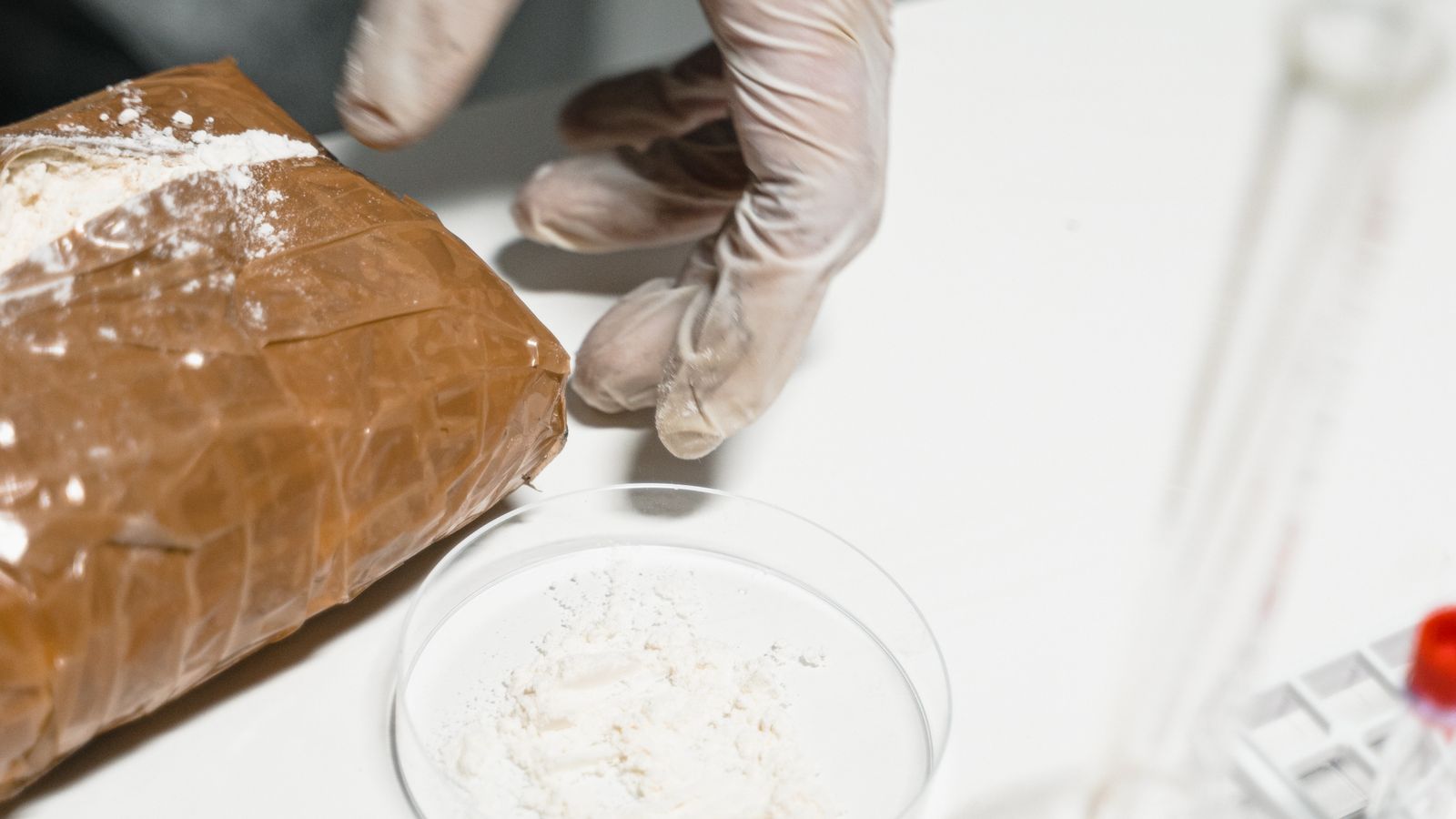 A gloved hand holds a small sample of white powder under laboratory lighting.